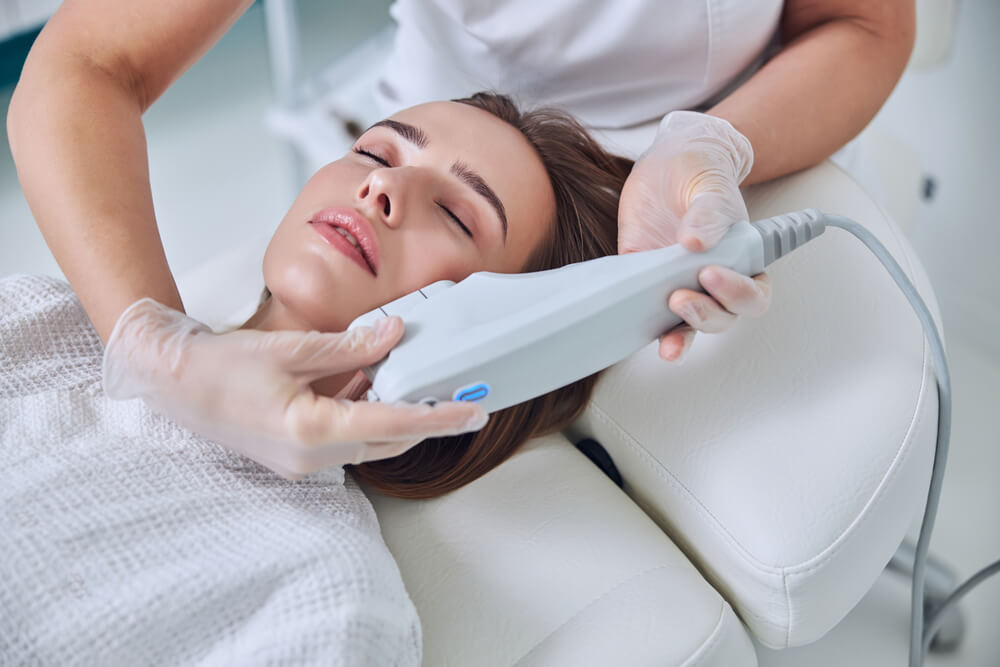 Ultherapy focused ultrasound lifting treatment along the jawline and neck in Irvine